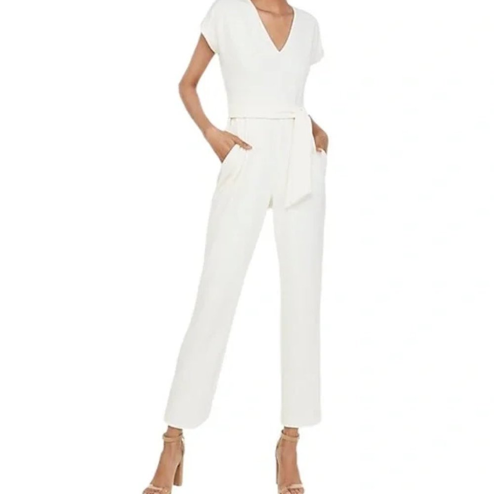 Express White V-Neck Sash Tie Waist Jumpsuit, Size S